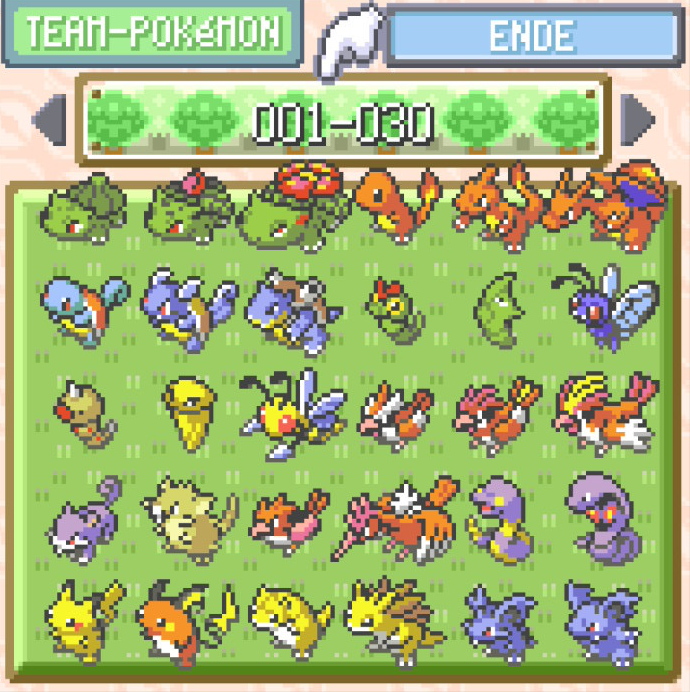 Screenshot der ersten Box mit Pokémon 001 bis 030