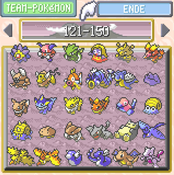 Screenshot der ersten Box mit Pokémon 121 bis 150