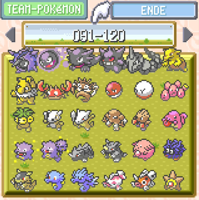 Screenshot der ersten Box mit Pokémon 091 bis 120